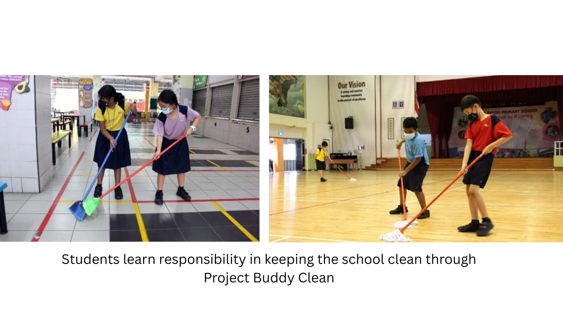 Students sweep floors in the canteen and school hall as part of a cleaning initiative that promotes responsibility and school pride.